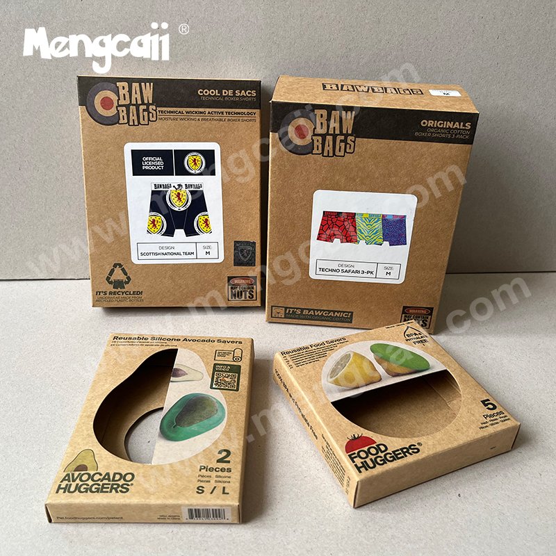The underwear packaging box made of FSC kraft paper adopts a window design and is printed in color. The kraft paper is biodegradable and recyclable. It is suitable for the display of packaging boxes for underwear, underwear and various products.