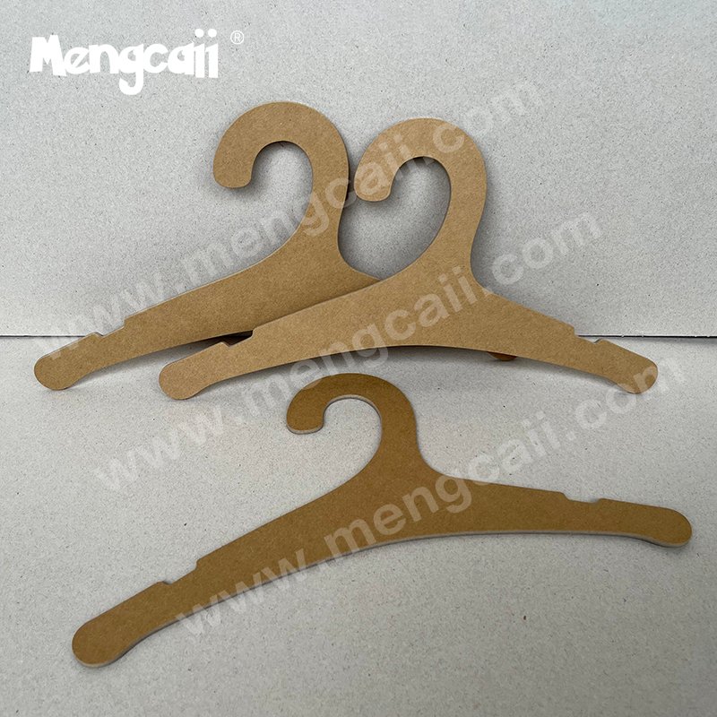 Customized children's cardboard hangers made of FSC renewable kraft paperboard, 13 inches long, recyclable and completely biodegradable, suitable for displaying children's clothing.